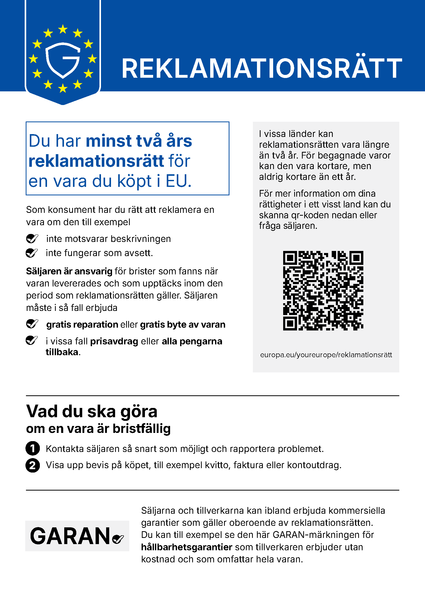 Harmoniserat EU-meddelande om lagstadgad reklamationsrätt (genomförandeförordning (EU) 2025/1960)